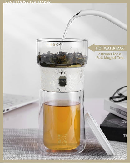ZENS Modern Glass Infuser Teapot, One Touch Tea Maker for Loose Leaf Tea with Insulated Mug and Portable Case. Enchanted Pot Alternatives for Tea Lover Gifts