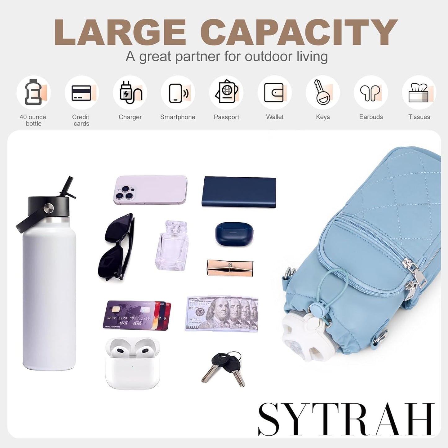 SYTRAH Water Bottle Carrier Bag with Strap, Water Bottle Purse with Phone Pocket 40oz for Walking Hiking