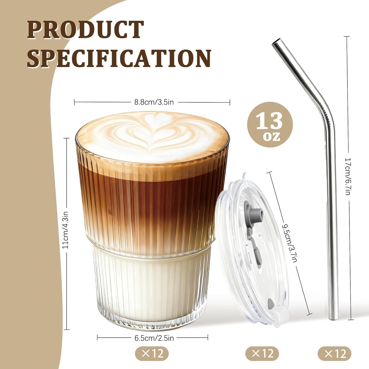 4 Packs Ribbed Glass Tumbler with Lid and Straw 13 oz Cute Ice Coffee Cup Set for Smoothie Juice Matcha Tea Latte Cappuccino Espresso Hot Coffe Water Reusable Clear Travel Boba Aesthetic Drinking Mug