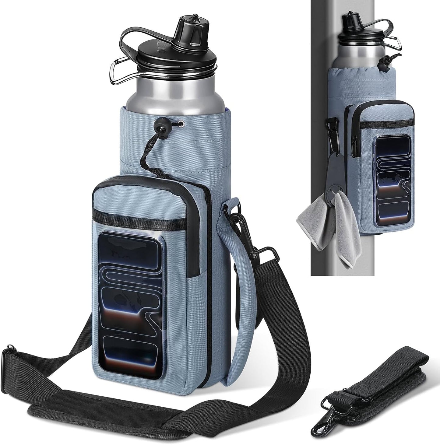 MoKo Magnetic Gym Bag, Magnetic Water Bottle Holder with Clear Phone Pouch, Built-in 4 Magnets Fitness Bag for Men and Women Compatible with Most Water Bottles, Gym Accessories Gifts, Black