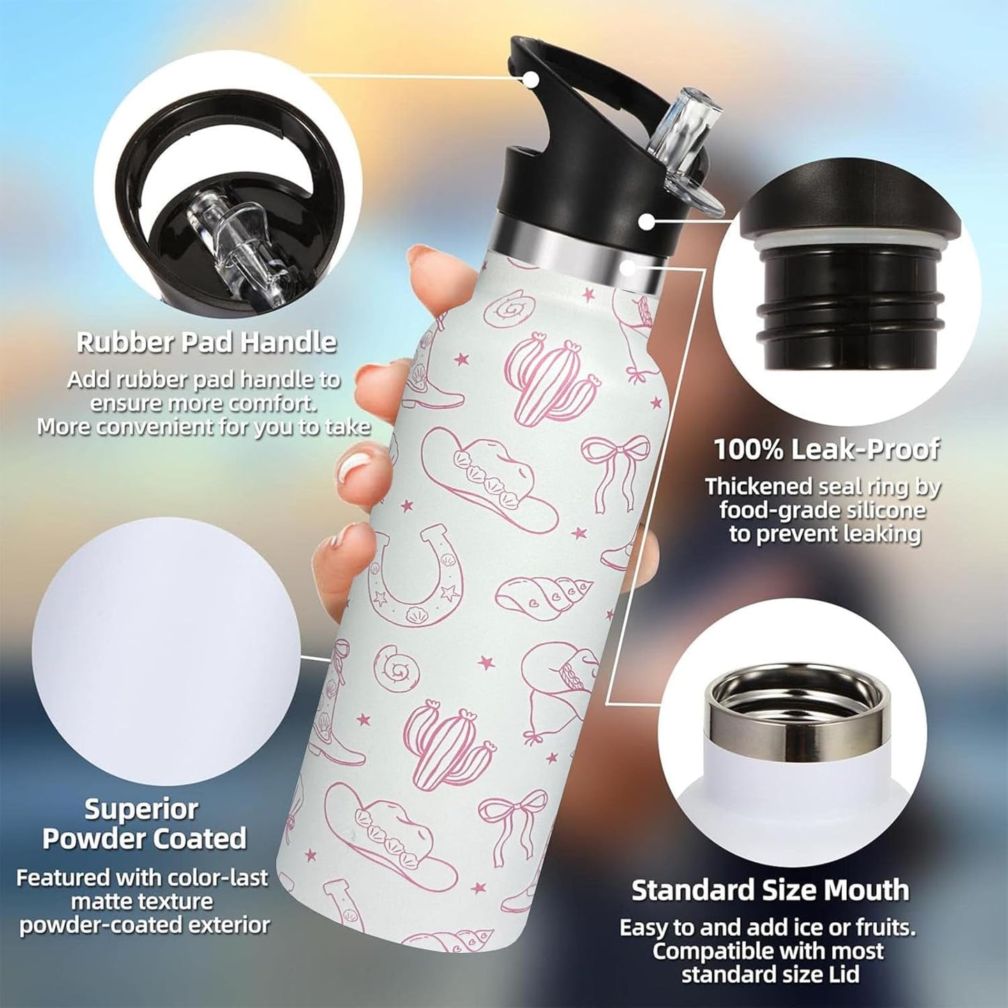 Pickleball Sport Water Bottle with Straw, Vacuum Insulated Stainless Steel Thermal Drinking Travel Mug Cups For Gym Fitness Camping-20oz/600ml