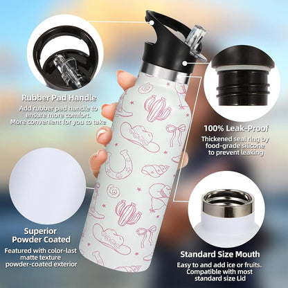 Pickleball Sport Water Bottle with Straw, Vacuum Insulated Stainless Steel Thermal Drinking Travel Mug Cups For Gym Fitness Camping-20oz/600ml
