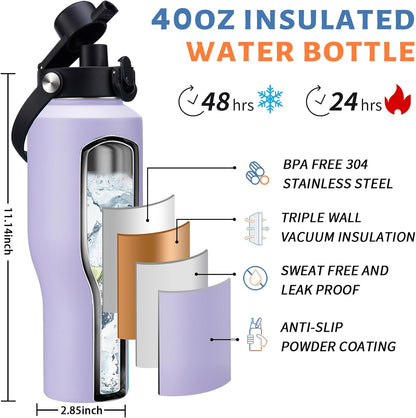 Insulated Water Bottle 40 oz - Fits in any Car Cup Holder, Keep Cold 48H Hot 24H, Stainless Steel Waterbottle Double Wall Flask with Straw, Pop-up Spout Lid, Paracord Handle, Carrier Bag