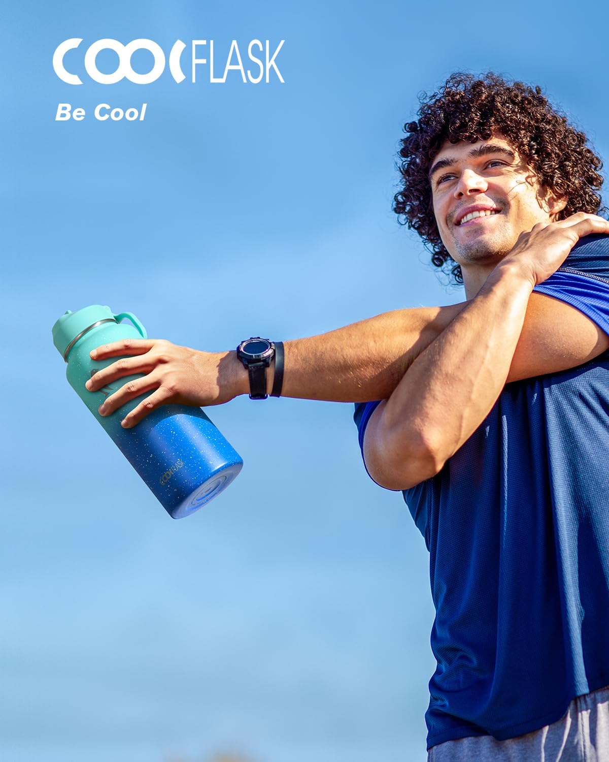 Half Gallon Water Bottle Insulated with Straw & 3 Lids, Coolflask 64 oz Water Jug Large Metal Stainless Steel Wide Mouth for Sports, Gym or Office, Non-BPA Keep Cold 48H Hot 24H, Samurai Cyan