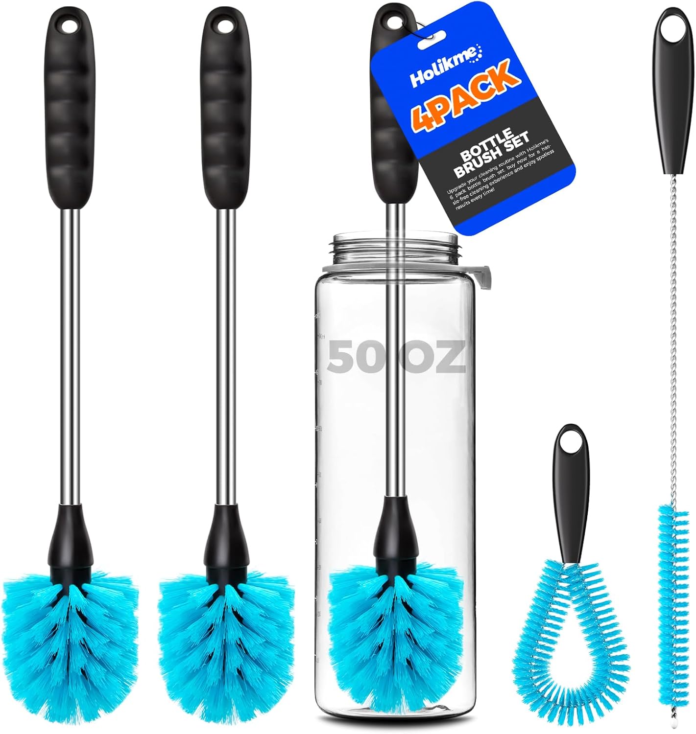 Holikme 4 Pack Bottle Brush Set, 14.5" Long Handle Stainless Steel Bottle Cleaner Brush, Long-Handled 4-in-1 Stainless Steel Bottle Brushes for Water Bottle, Cups, Abrasive Wheel Brushes, Blue