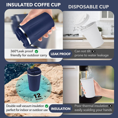 Volhoply 12 oz Double Wall Insulated Vacuum Travel Coffee Mugs with Flip Lid Bulk 2 Pack,Reusable Stainless Steel Leak Proof Coffee Cup,Portable Cafe Thermal Tumbler for Hot & Cold Drinks(Mix,2 Set)