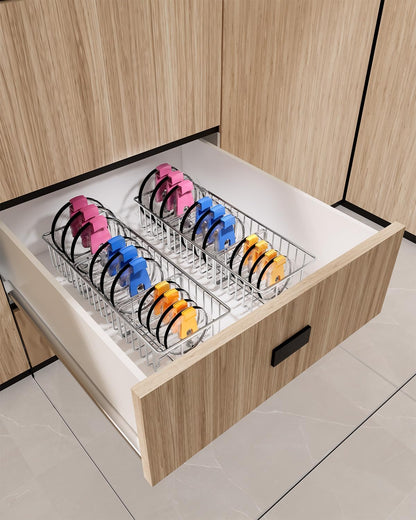 YQh tumbler lid organizer, Stainless Steel Kitchen Container Cover Holder, Cup Lid Organizer, Inner Tumbler Lid Storage Rack in Drawer, 3 Compartments, 304 Stainless Steel, Durable Non-Rusting