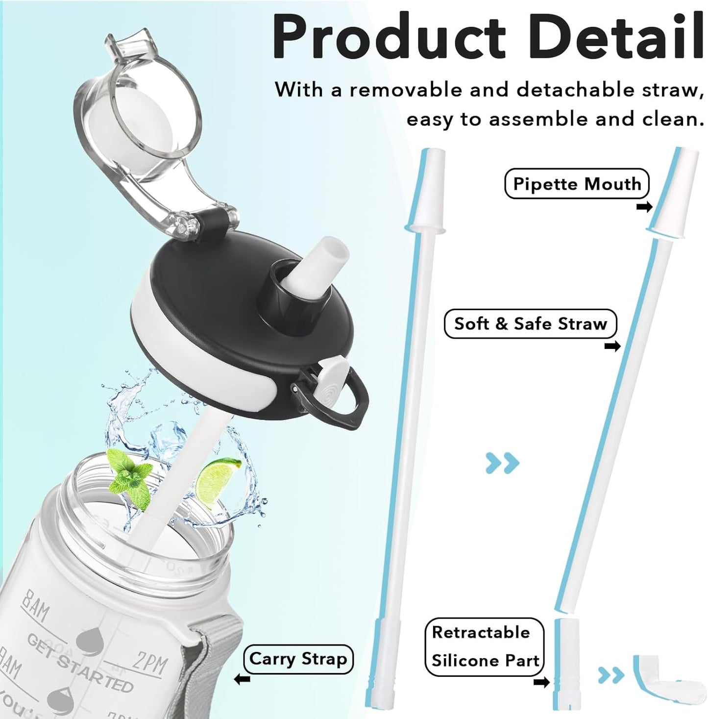 Enerbone Water Bottle, Leakproof BPA & Toxic Free, Motivational Water Bottle with Times to Drink and Straw, Fitness Sports Water Bottle with Strap for Office, Gym, Outdoor Sports