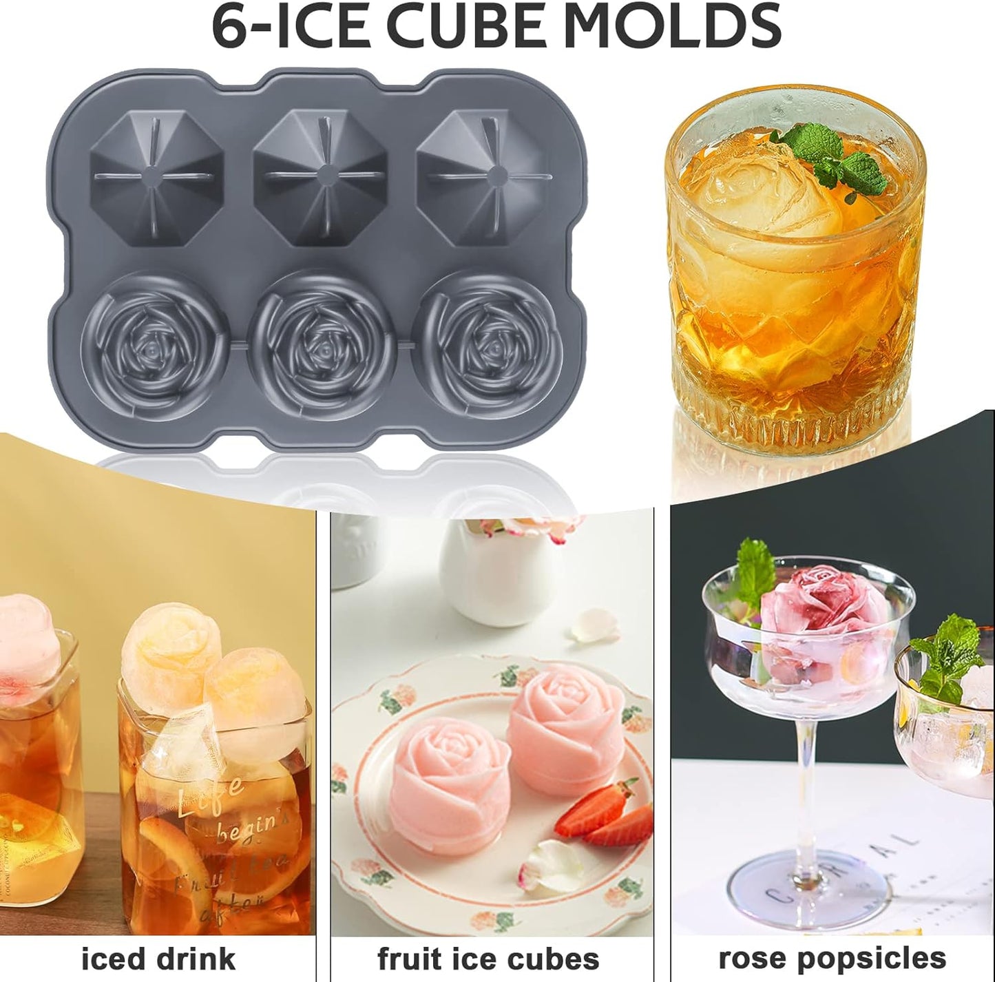 Ice Cube Tray, Mikiwon 2 inch Rose Ice Cube Trays With Covers, 3 Cavity Silicone Rose Ice Tray & 3 Diamond Ice Ball Maker, Easy Release Large Ice Cube Form for Chilled Cocktails, Whiskey Juice Black