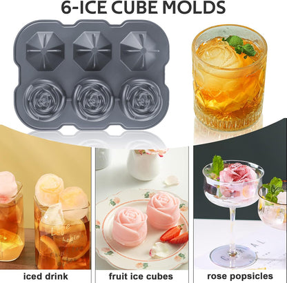 Ice Cube Tray, Mikiwon 2 inch Rose Ice Cube Trays With Covers, 3 Cavity Silicone Rose Ice Tray & 3 Diamond Ice Ball Maker, Easy Release Large Ice Cube Form for Chilled Cocktails, Whiskey Juice Black