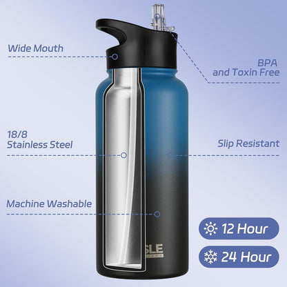 HASLE OUTFITTERS 32 oz Insulated Water Bottle Stainless Steel Double Walled Vacuum Sports Water Bottle with 2 Lids (Straw and Spout Lid) for Gym Camping Hiking(Black,1)