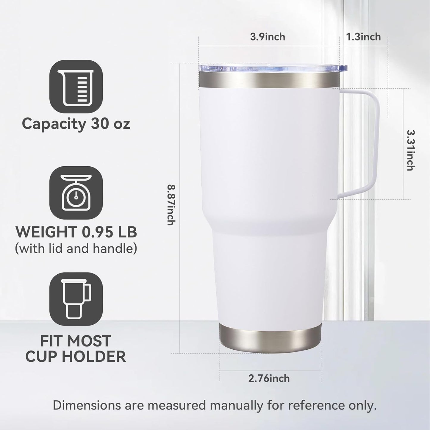 30 oz Tumbler with Handle and Lid, Stainless Steel Tumblers Double Wall Vacuum Insulated Travel Mug Leak Proof Cup Keep Drinks Cold and Hot Black, 1 Pack