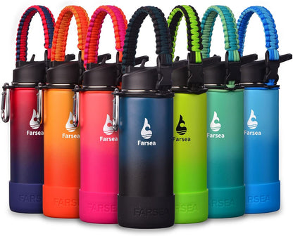 Farsea Insulated Water Bottle With Paracord Handle, Protective Silicone Boot and 2 Lids (Straw Lid & Spout Lid), Stainless Steel Water Bottle Wide Mouth, Double Wall Sweat-Proof BPA-Free, 24 oz