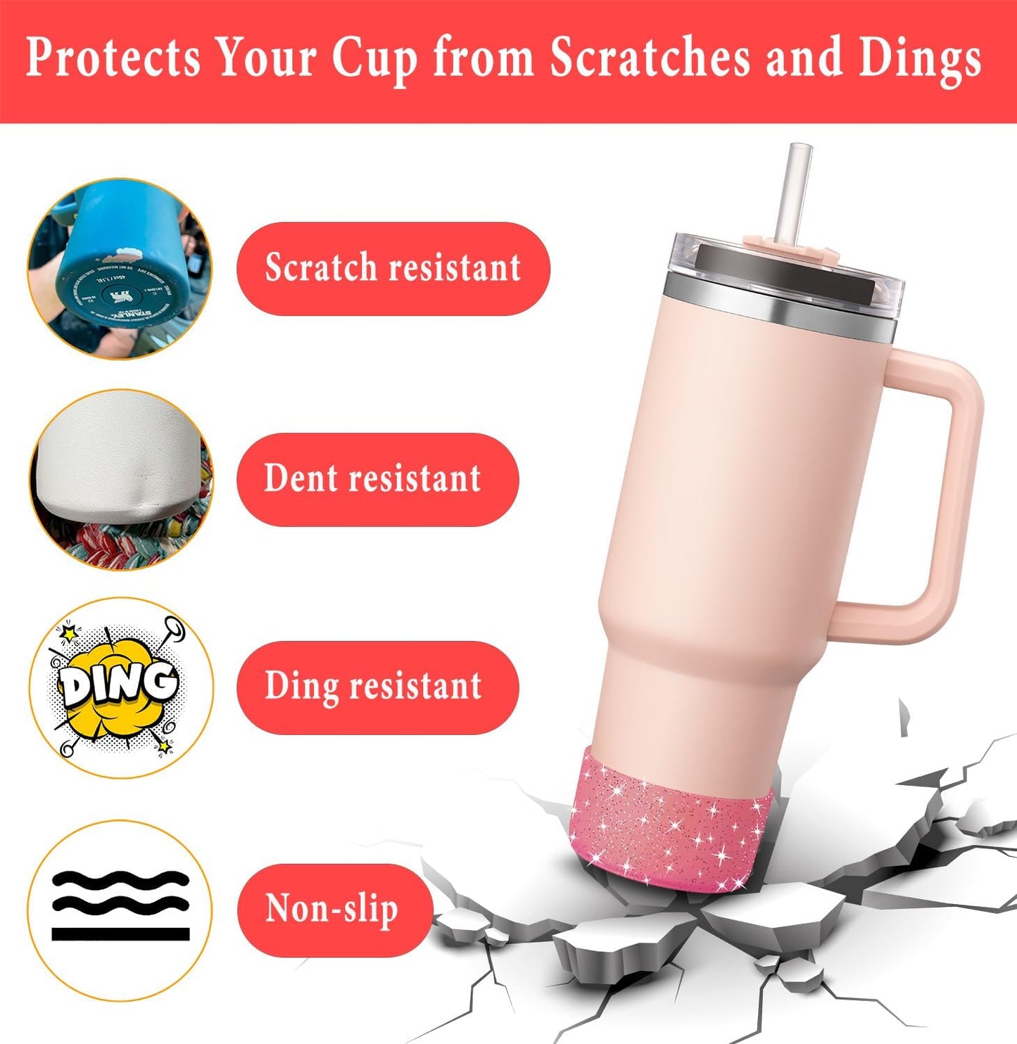 KTKUDY 2 PCS Glitter Silicone Boot Compatible with Stanley Tumbler 20 30 40 oz & Fits Hydro Flask Water Bottle 12-24oz & Fits Yeti, Simple Modern, Owala Cup - Bling Cup Bottom Protector Accessories