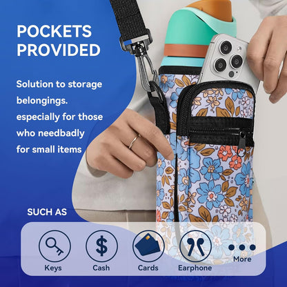 Neoprene Water Bottle Holder Bag with Cell Phone Pocket Compatible with Owala FreeSip 24 oz，Water Bottle Carrying Bag ，with Adjustable Shoulder Strap,for 24oz Stainless Steel Water Bottle