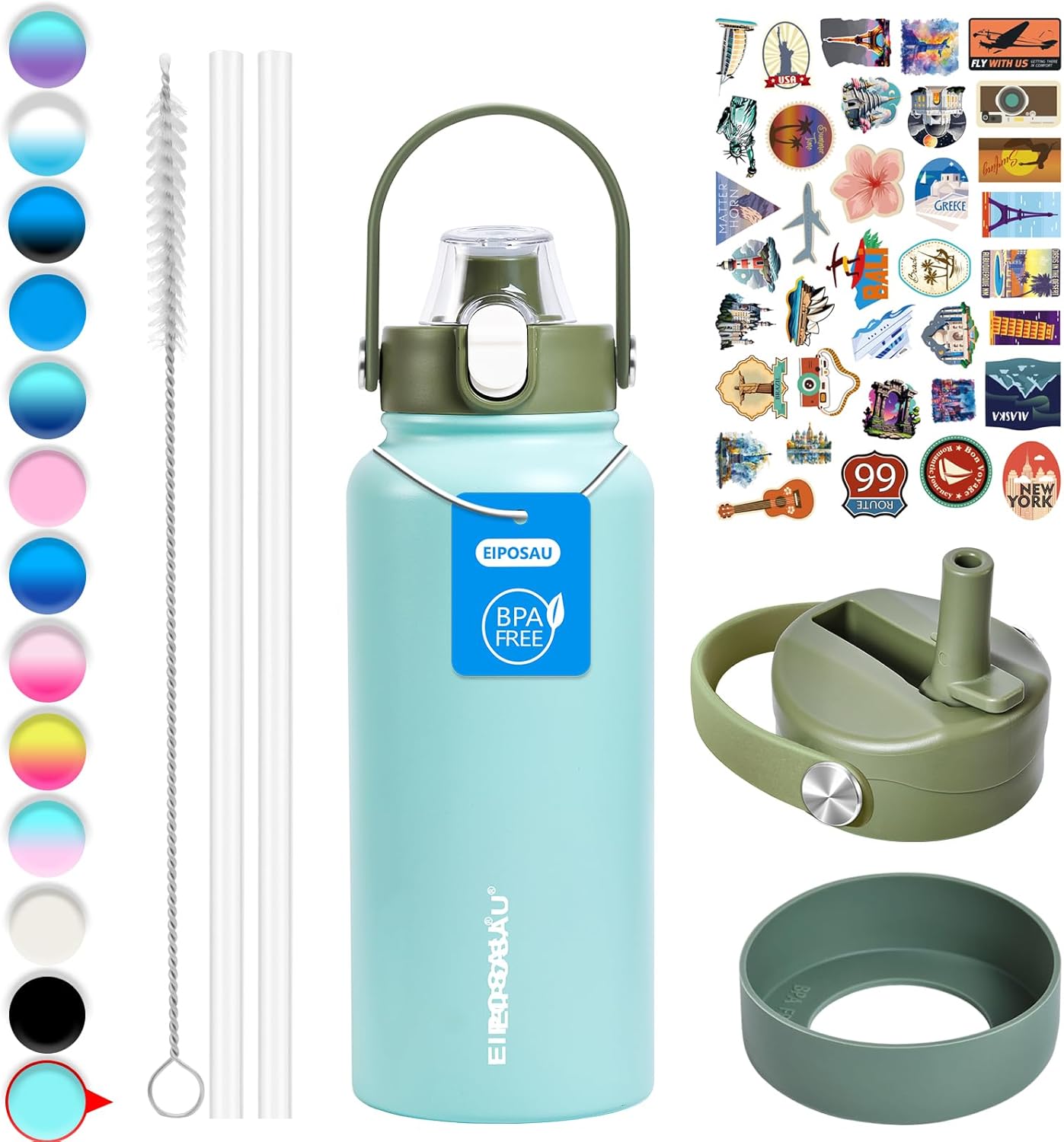 Insulated Water Bottle with Lid & Boot & Stickers, 24 oz Stainless Steel Sweat Free Bottle Keep Cold 24H, BPA-Free Sports Wide Mouth Water Bottle, BlueBlack
