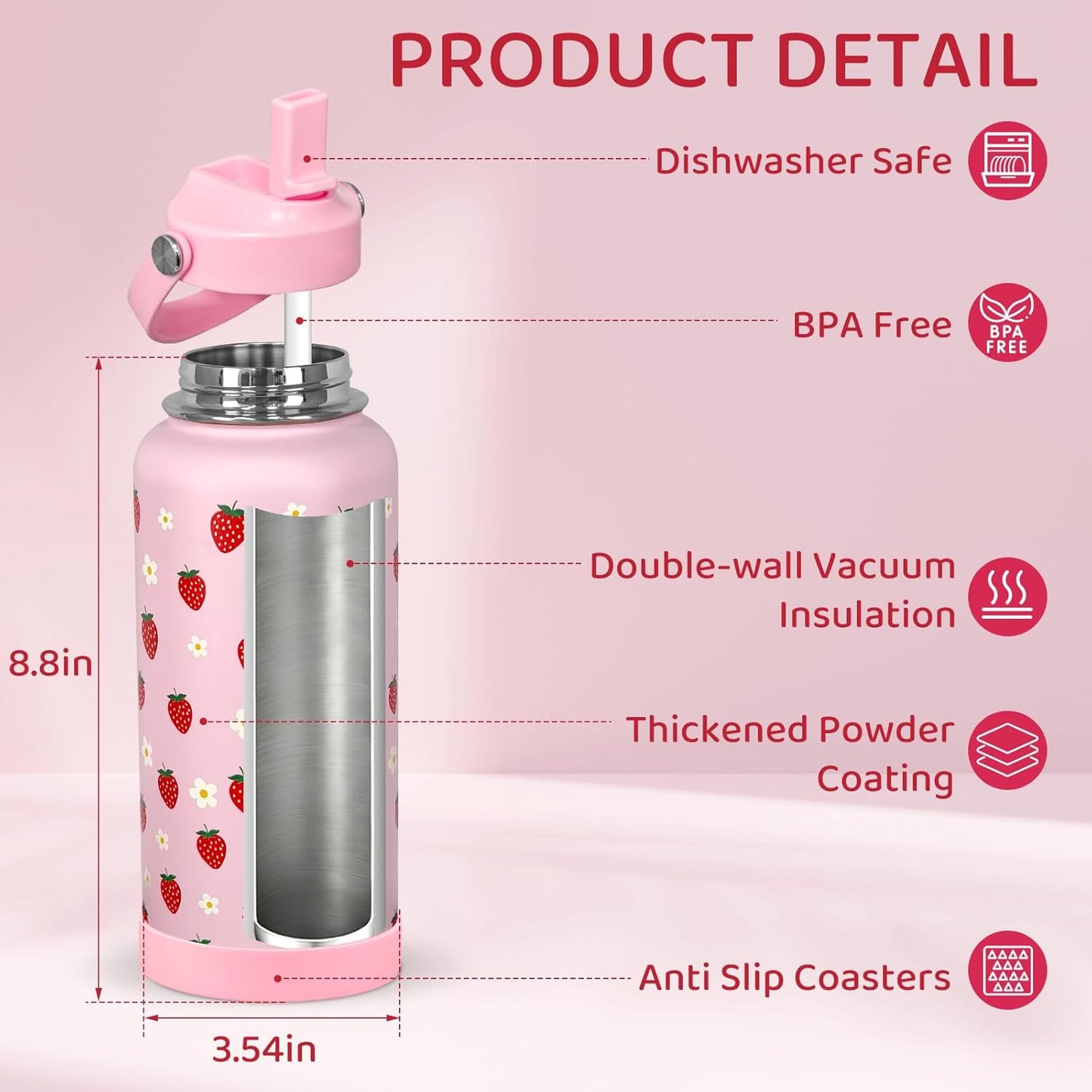32oz Pickleball Insulated Water Bottle with Lid,Stainless Steel Water Bottl with Flip Straw and Handle,Gifts for Pickleball Players, Pickleball Lovers,Women Girls,Leak Proof Water Bottle
