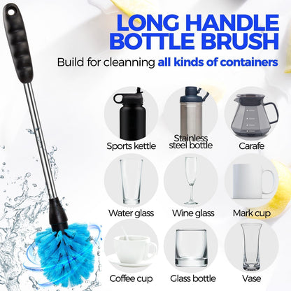 Holikme 6 Pack Bottle Brush Set, 14" Long Handle Stainless Steel Bottle Cleaner Brush, 3 Straw Brushes, 4-in-1 Bottle Cleaning Brush for Water Bottle, Antistatic Lab Brushes Straws, Black