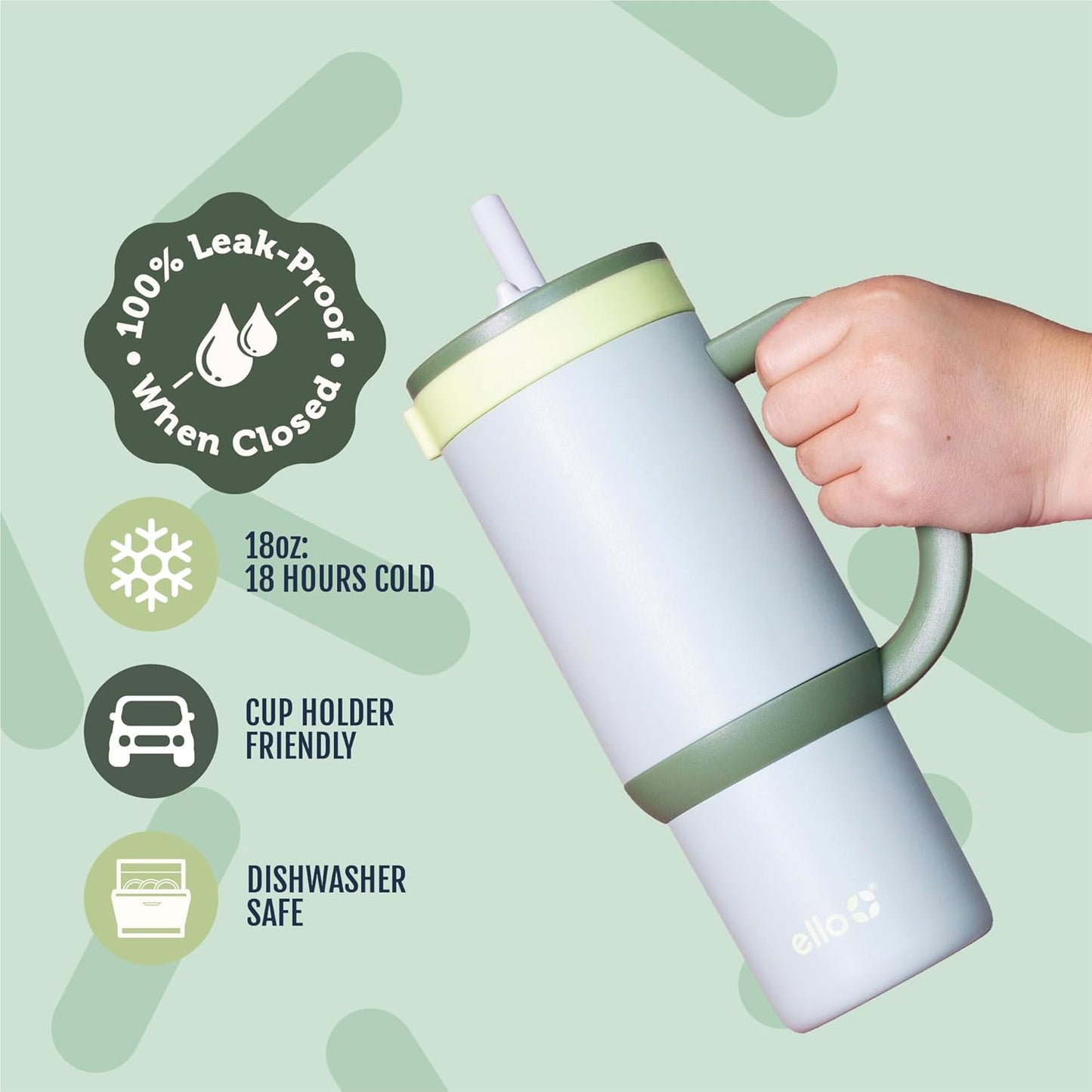 Ello Oasis 18oz Kids Tumbler with Handle & Retracting Straw, 100% Leakproof Reusable Insulated Stainless Steel Cup, Gifts for Teens Girls Boys, Keeps cold for 18 Hours, Cup Holder Friendly, Glacier