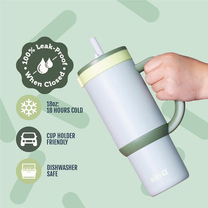 Ello Oasis 18oz Kids Tumbler with Handle & Retracting Straw, 100% Leakproof Reusable Insulated Stainless Steel Cup, Gifts for Teens Girls Boys, Keeps cold for 18 Hours, Cup Holder Friendly, Glacier