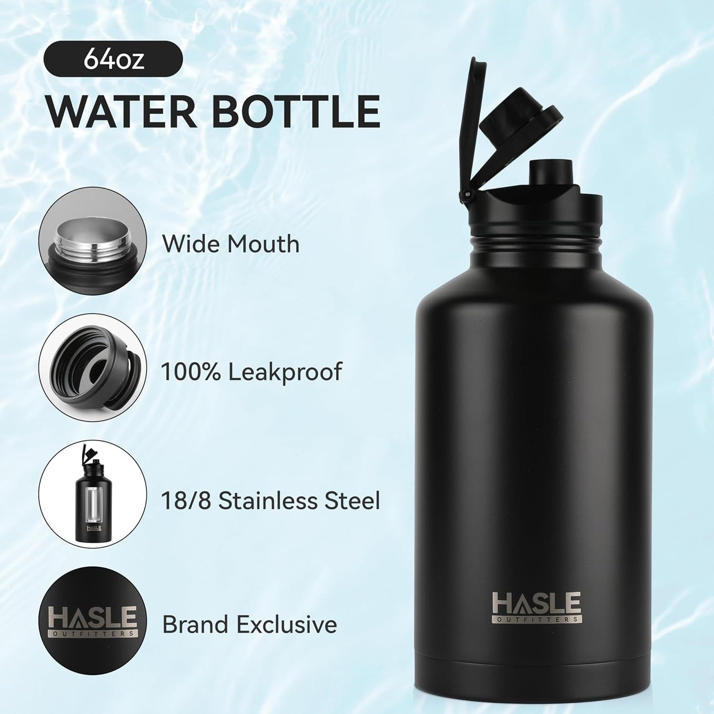 HASLE OUTFITTERS 32 oz Insulated Water Bottle Stainless Steel Double Walled Vacuum Sports Water Bottle with 2 Lids (Straw and Spout Lid) for Gym Camping Hiking(Black,1)
