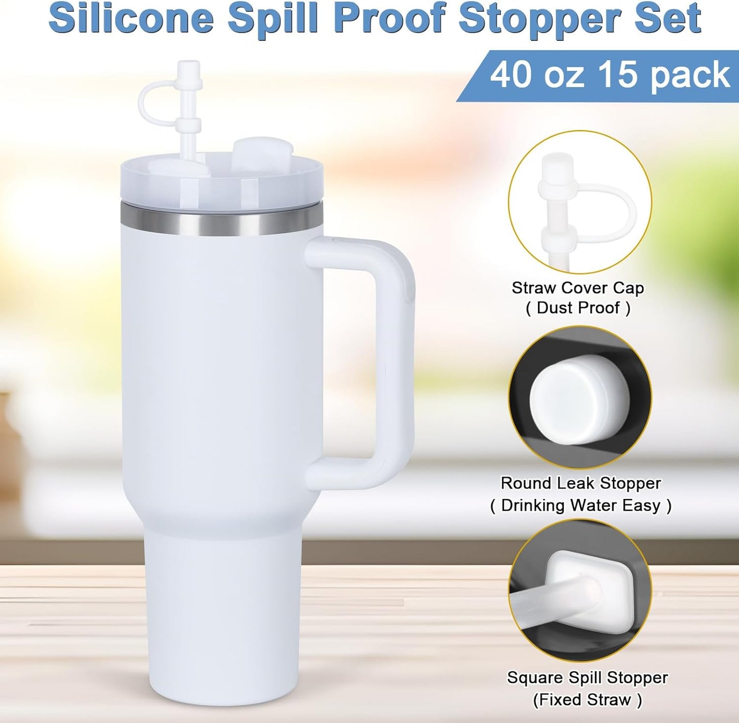 15 Pack 40 Oz Tumbler with Handle and Straw Bulk, 40 Oz Tumbler Stainless Steel Vacuum Insulation Keep Hot and Cold, 40 Oz Travel Coffee Mug with Silicone Spill Proof Stopper Set, Individually Boxed