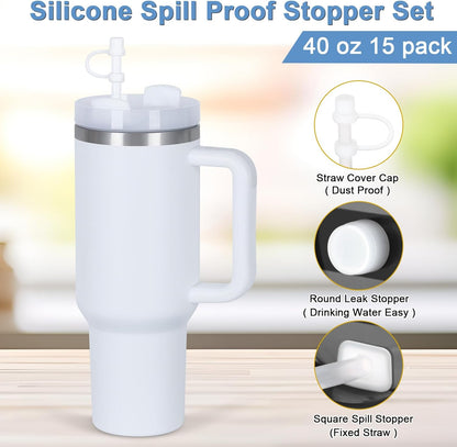 15 Pack 40 Oz Tumbler with Handle and Straw Bulk, 40 Oz Tumbler Stainless Steel Vacuum Insulation Keep Hot and Cold, 40 Oz Travel Coffee Mug with Silicone Spill Proof Stopper Set, Individually Boxed