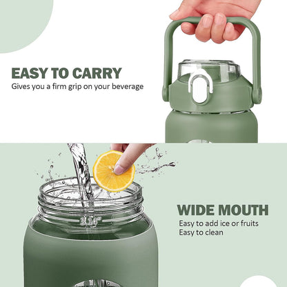 64oz Glass Water Bottles with Straw, Half Gallon Motivational Glass Bottle with Silicone Sleeve and Time Marker, 2L Leakproof Large Glass Water Jug for Gym Home Office,olive