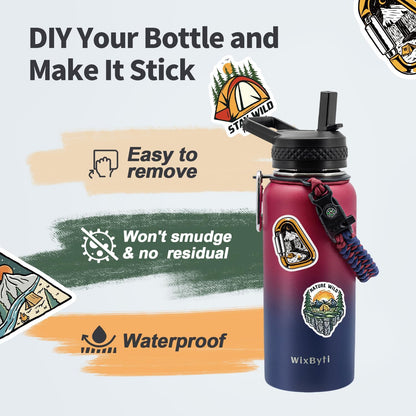 WixByti 40 oz Insulated Water Bottle with Straw (Cold for 36 Hrs), Stainless Steel Triple Wall Vacuum Sports Water Jug, Leakproof Hydro Cup Flask with Paracord Handle & Straw Spout Lids & DIY Stickers