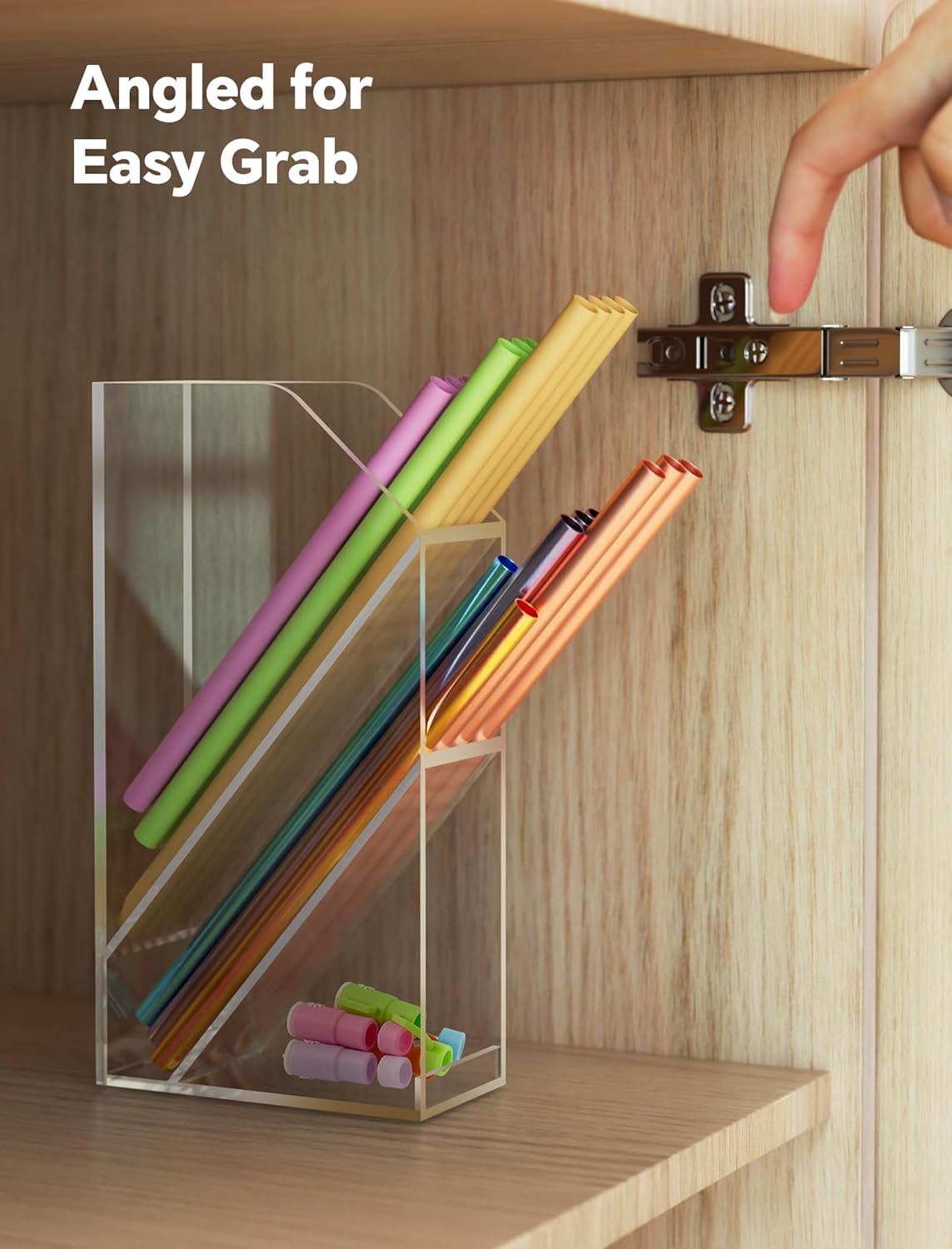 NiHome Straw Holder for Kitchen Cabinet Door, Large Capacity Dual Compartments for 10-12 Inch Straws, Angled Design for Easy Access, Extra Bottom Storage for Caps, Horizontal or Vertical Placement