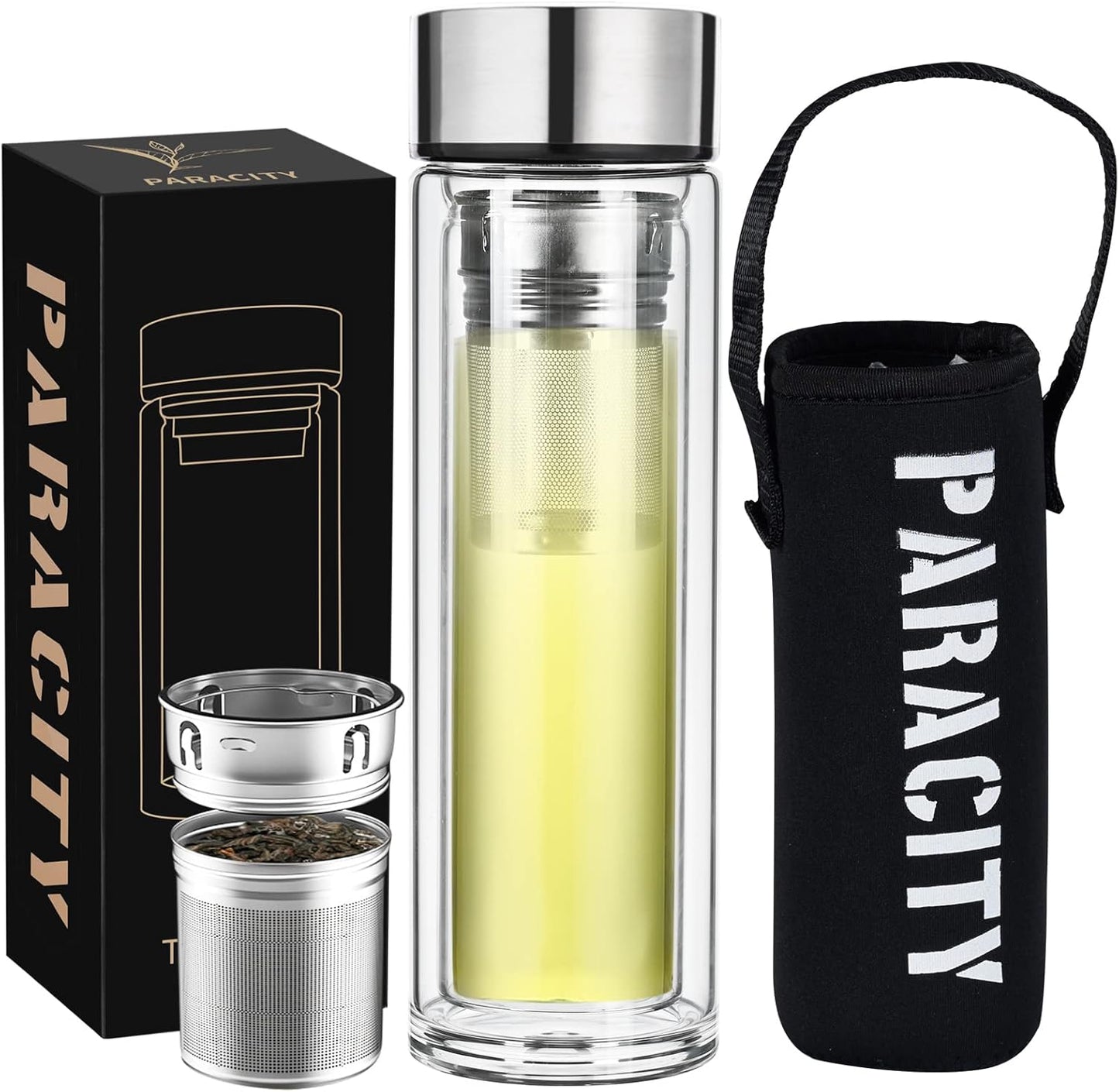 PARACITY Glass Tea Infuser Bottle Teas Flood Cup Double Wall Borosilicate Portable Travel Tumbler Mug Leakproof for Loose Leaf Flower Herbal Tea Bags 13 OZ/380ML (Silver)