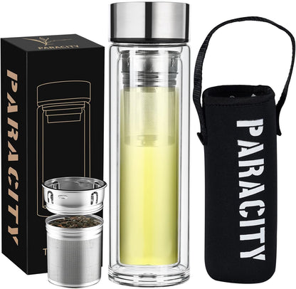 PARACITY Glass Tea Infuser Bottle Teas Flood Cup Double Wall Borosilicate Portable Travel Tumbler Mug Leakproof for Loose Leaf Flower Herbal Tea Bags 13 OZ/380ML (Silver)
