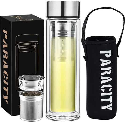 PARACITY Glass Tea Infuser Bottle Teas Flood Cup Double Wall Borosilicate Portable Travel Tumbler Mug Leakproof for Loose Leaf Flower Herbal Tea Bags 13 OZ/380ML (Silver)