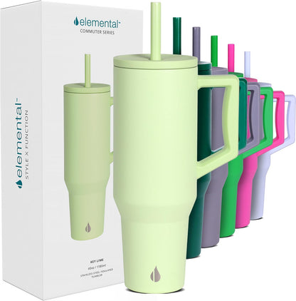 Elemental 32 oz 100% Leak Proof Tumbler with Handle & Straw - Stainless Steel Double Wall Insulated Tumbler for Hot and Cold Beverages - Travel Coffee Mug with Sip & Straw Lid - White - Colors A