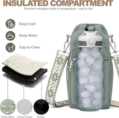 SYTRAH Water Bottle Carrier Bag with Strap, Water Bottle Purse with Phone Pocket 40oz for Walking Hiking