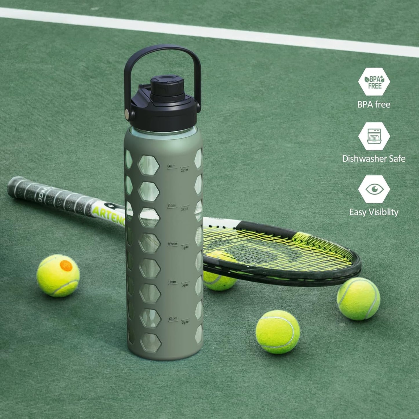 MUKOKO Glass Water Bottles, 32oz Glass Tumbler with Straw, Drinking Bottles with 2 Lids-Handle Spout Lid&Bamboo Straw Lid, Motivational Water Bottle with Time Marker and Silicone Sleeve, 1 Pack-Olive