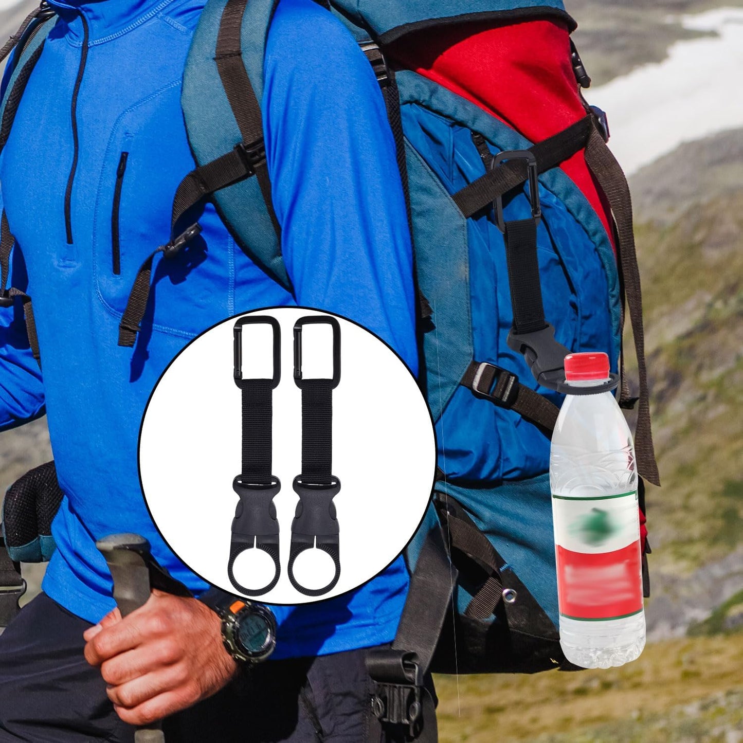 Gosknor 2pcs Hanging Bottle Buckle, 7.08 Inch Backpack Water Bottle Carabiner Water Bottle Belt Holder with Strap Portable Mineral Water Bottle Ring Clip Handle Keychain for Outdoor Event