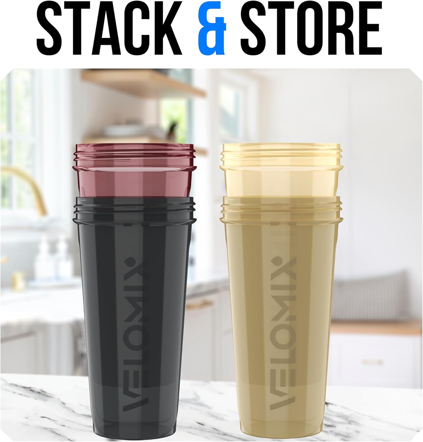 VELOMIX -4 Pack- 28 oz Protein Shaker Bottles for Protein Mixes - 4x Wire Whisk | Leak Proof Shaker Cups for Protein Shakes | Stackable Protein Shaker Bottle Pack (A1) Silver Aurora