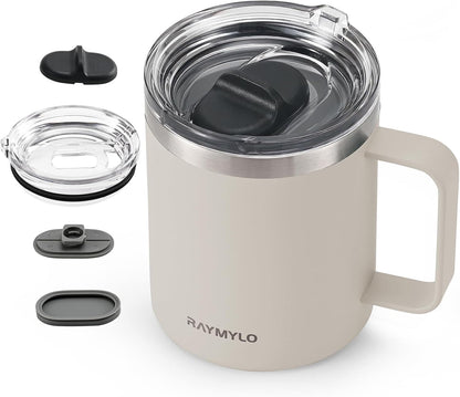 RAYMYLO Insulated Coffee Mug 12 oz, Double Wall Stainless Steel Coffee Mug with Lids, Leak-Proof & Detachable Slider Lid for Thorough Clean, Keeps Coffee Cold for 9 Hrs, Suitable for Camp Home Office