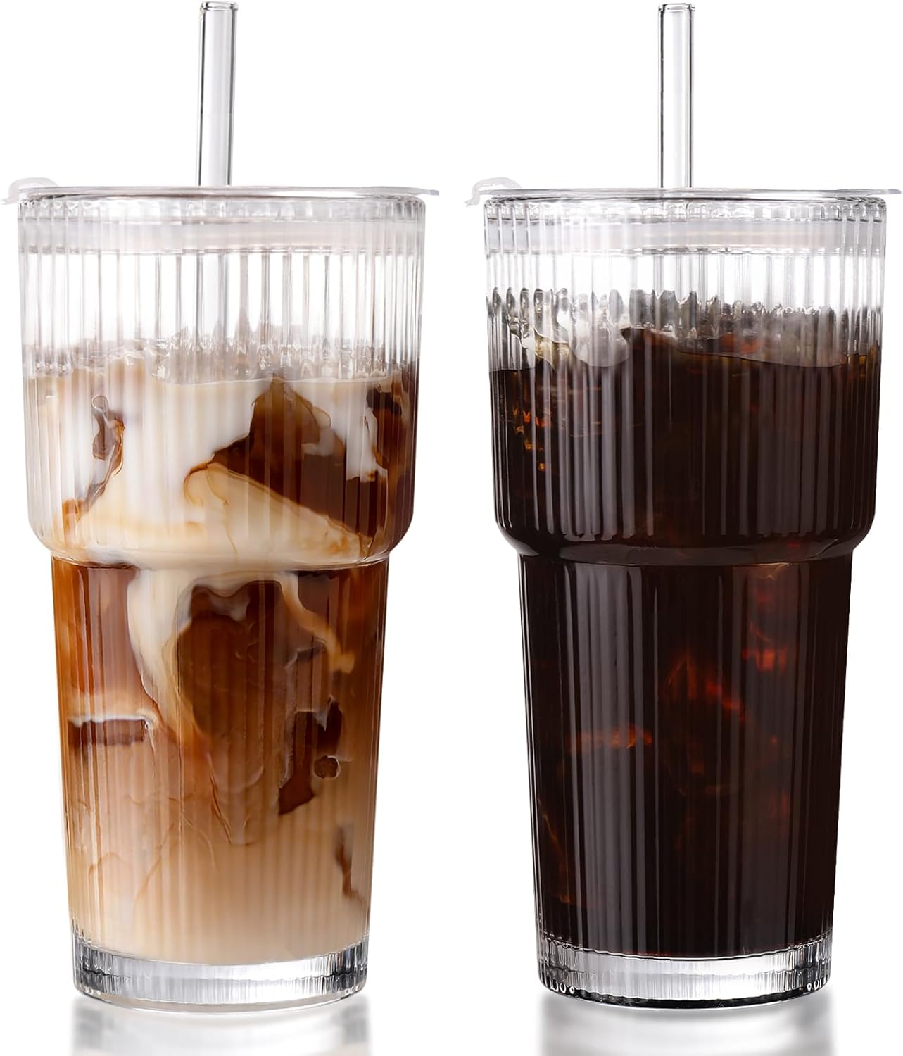 DWTS DANWEITESI Iced Coffee Cups with Lids 2Pcs: Ribbed Glass Tumbler with Straw and Lid 20oz-Vintage Glass Cups with Lids and Straws-Tumbler Leak Proof Aesthetic Drinking for Coffee Bar Accessories