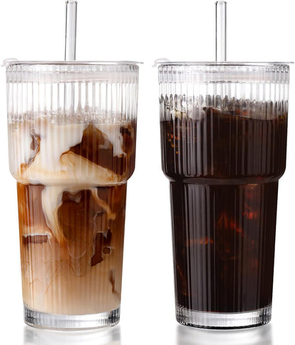 DWTS DANWEITESI Iced Coffee Cups with Lids 2Pcs: Ribbed Glass Tumbler with Straw and Lid 20oz-Vintage Glass Cups with Lids and Straws-Tumbler Leak Proof Aesthetic Drinking for Coffee Bar Accessories