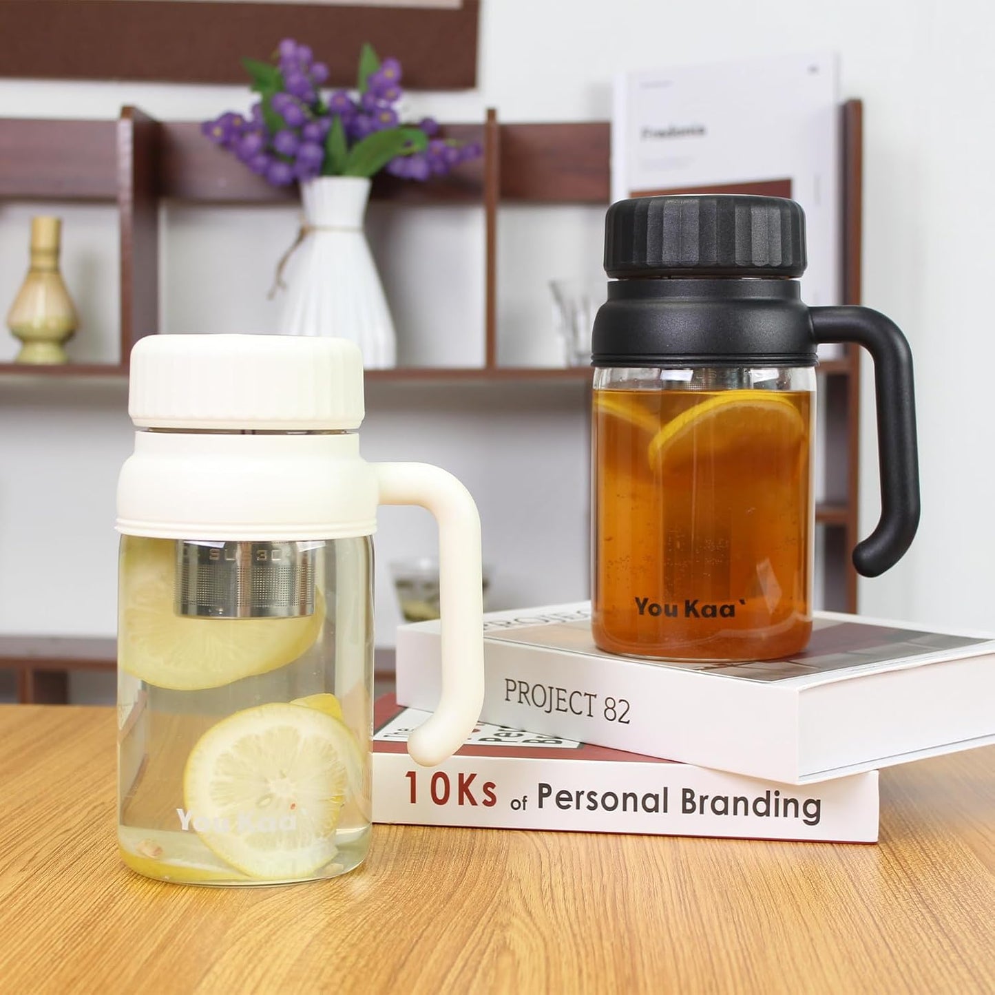 32oz Glass Water Bottle, Tea Bottle with Infuser & Handle, BPA-Free Leakproof Wide Mouth Large Tea Infuser cup for Hot or Cold Drinks, Loose, Fruit (White)
