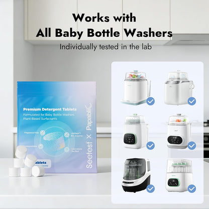 Papablic Upgraded 120Pcs Baby Bottle Washer Tablets, Plant-Based UltiPept Enzyme Formula, Deep Cleaning for Milk Residue & Odor, Gentle on Bottles & Pump Parts, Compatible with All Bottle Washers