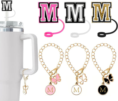 （3 +3) 3PCS Nuozme Straw Cover 10mm For Stanley Tumbler Cup Reusable Straw Cap Topper with 3 Initial Letter Charms Accessories Name ID Personalized Handle Charm For Stanley 30&40 Oz Cup Tumbler - Colors A