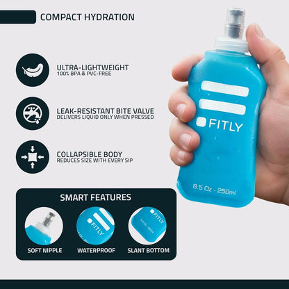 FITLY Soft Flask - Shrink As You Drink Soft Water Bottle for Hydration Pack - Folding Water Bottle Ideal for Running, Hiking, Cycling, Climbing & Rigorous Activity