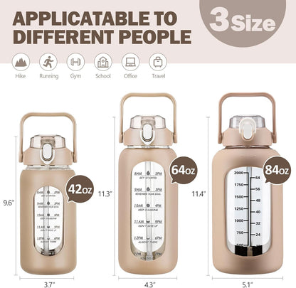 64oz Glass Water Bottles with Straw, Half Gallon Motivational Glass Bottle with Silicone Sleeve and Time Marker, 2L Leakproof Large Glass Water Jug for Gym Home Office,olive
