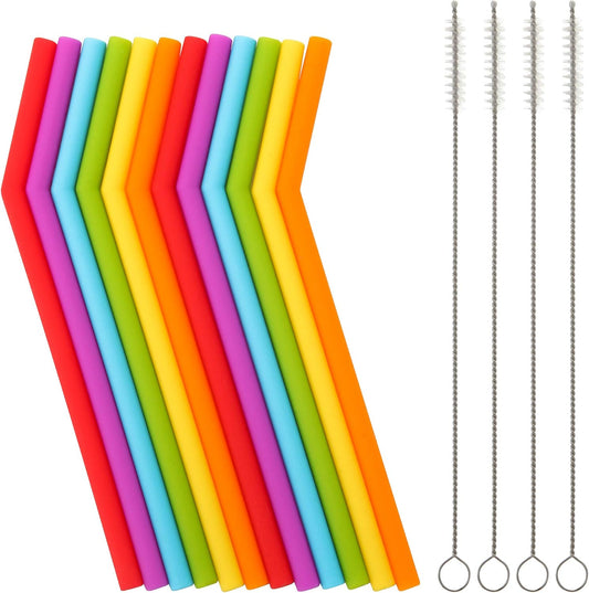 Reusable Silicone Straws for Toddlers & Kids - 12 pcs Flexible Short Drink 6.6" Straws for 6-10 oz Yeti/Rtic/Ozark Tumblers & 4 Cleaning Brushes - BPA free, Eco-friendly,no Rubber Tast