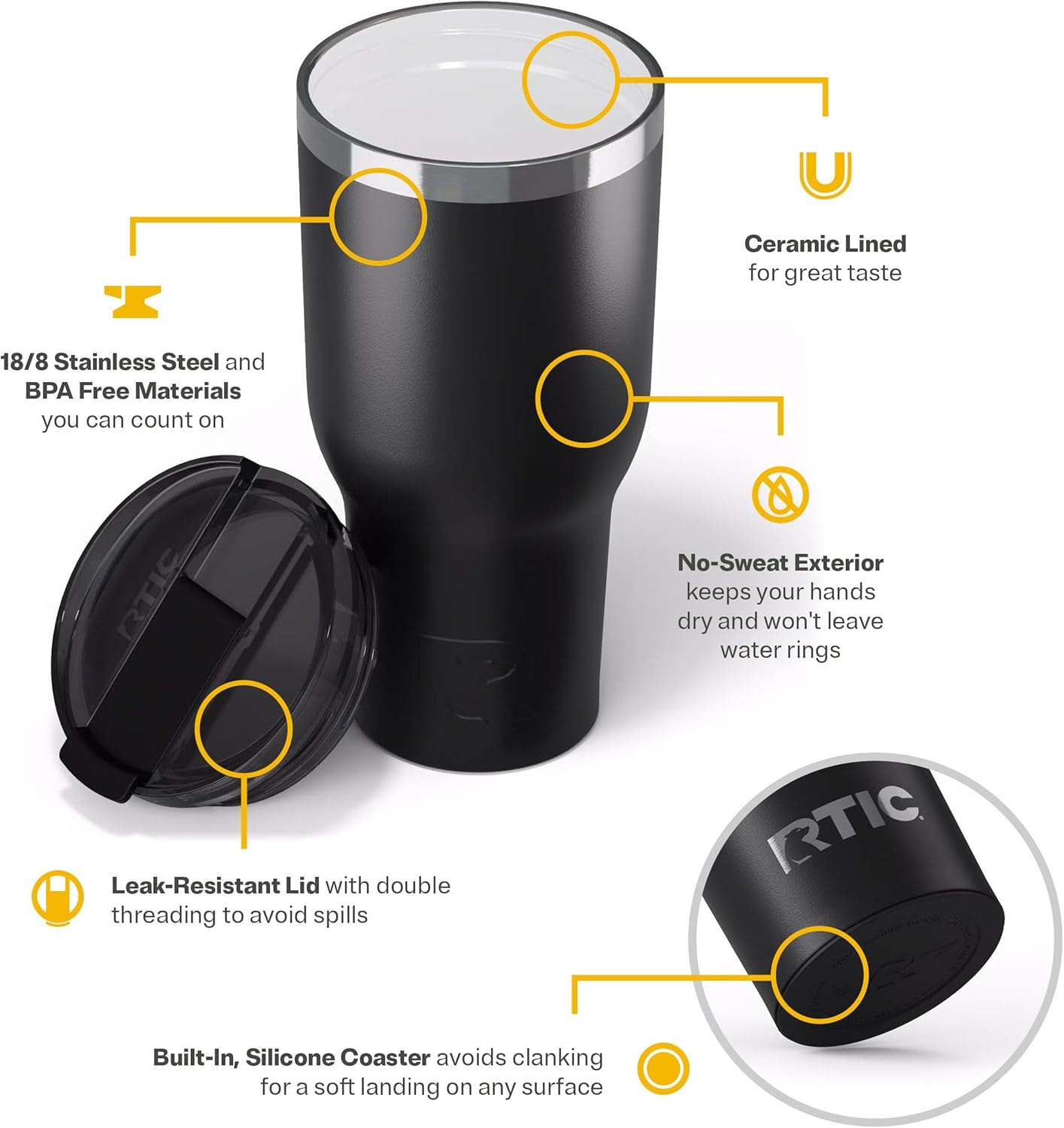 RTIC 20oz Essential Tumbler with Lid, Ceramic Lined, Insulated, Stainless Steel, Metal, Double Wall Vacuum-Insulation, Travel Cup for Iced Coffee, Tea, Hot and Cold Drink, Graphite