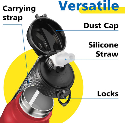 Han's Bottle Sports Water Bottle - 24 Oz, Straw Lid, Leak Proof, Vacuum Insulated Stainless Steel, Double Walled, Thermo Mug,Black