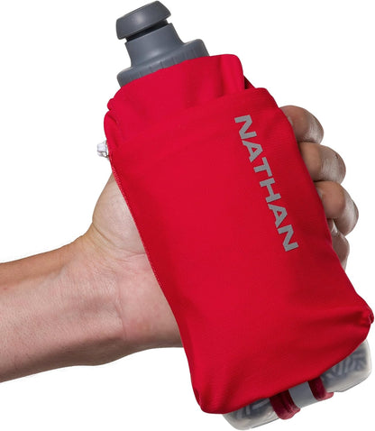 Nathan SpeedDraw 2 Insulated Handheld Running Water Bottle Flask 18oz – Double-Wall Insulation, Ergonomic Grip, Blast Valve Cap, Phone & Key Storage Pockets, Reflective Design